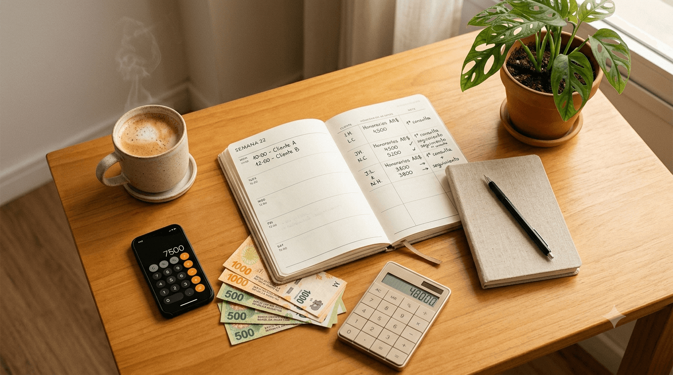 Escritorio de nutricionista con agenda, calculadora, taza de café y algunos billetes argentinos prolijamente acomodados, ambiente cálido y profesional