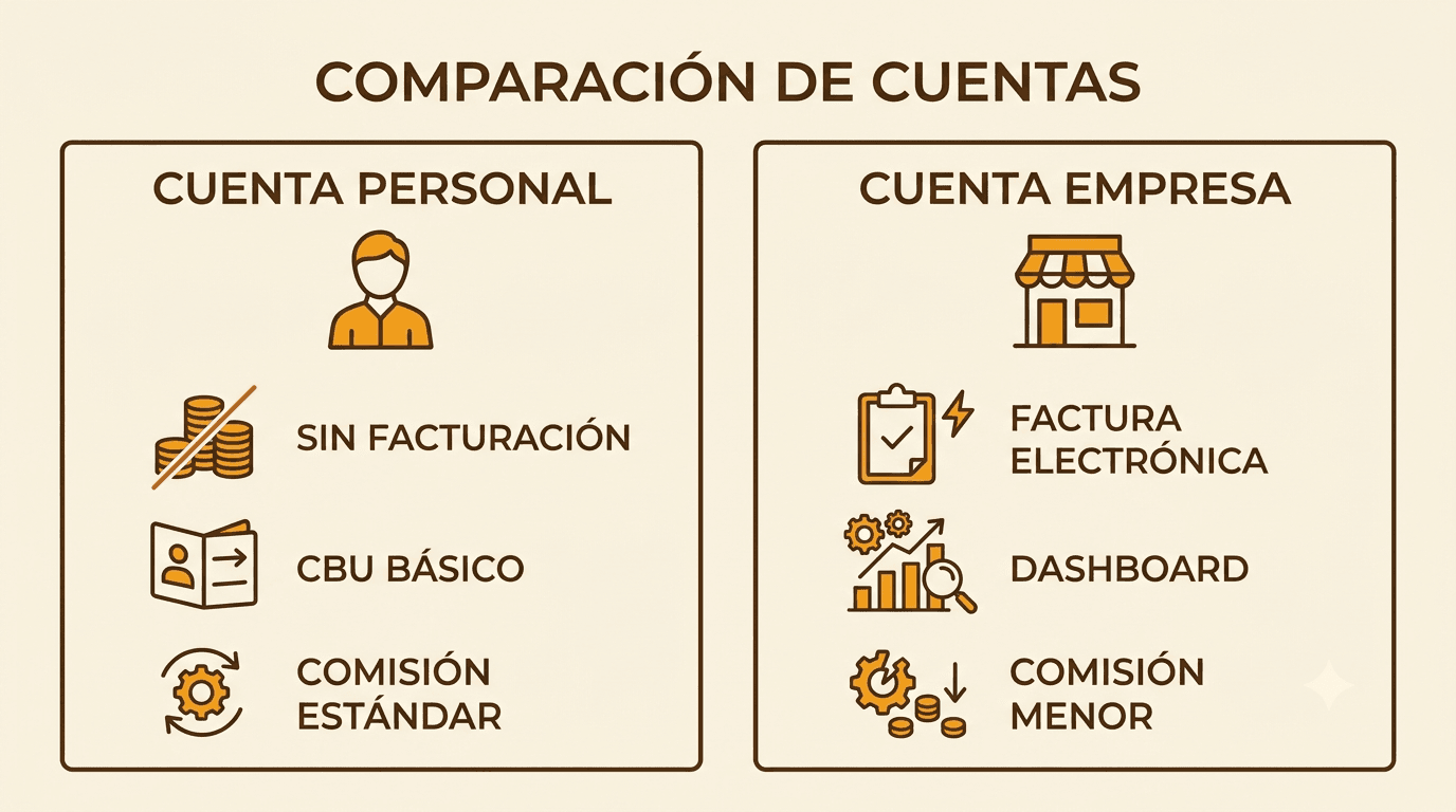 Comparativa visual entre cuenta personal y cuenta empresa de Mercado Pago para nutricionistas: cuándo conviene cada una