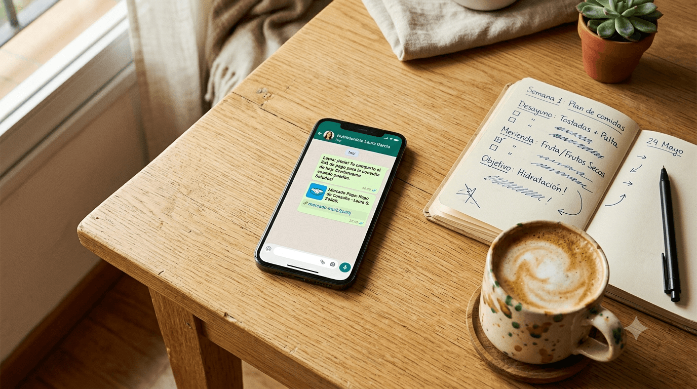 Celular sobre una mesa de madera mostrando una conversación de WhatsApp con un link de pago de Mercado Pago enviado a un paciente para reservar consulta nutricional