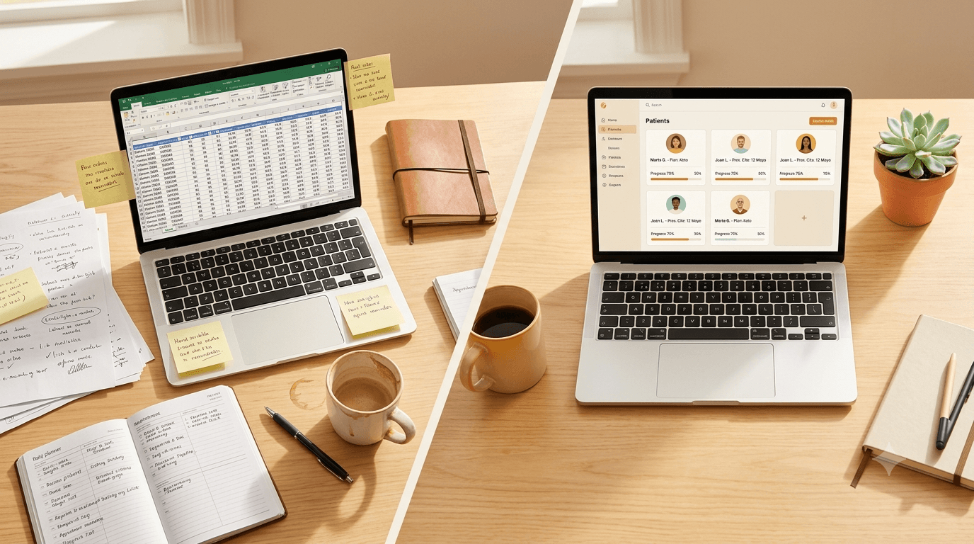 Escritorio de consultorio nutricional dividido en dos: a la izquierda planillas de Excel caóticas con anotaciones manuales, a la derecha un dashboard digital limpio con fichas de pacientes ordenadas