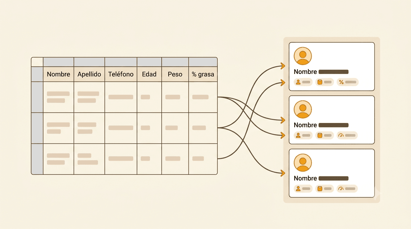 Diagrama de mapeo de columnas: a la izquierda una planilla Excel con columnas (Nombre, Apellido, Teléfono, Edad, Peso, % grasa), a la derecha fichas de pacientes en una app, conectadas por flechas que muestran a qué campo va cada columna