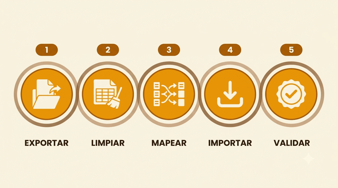 Diagrama de los 5 pasos para migrar tu consulta de Excel a un sistema digital: exportar, limpiar, mapear, importar y validar