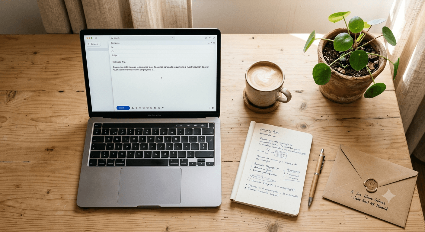 Vista cenital de un escritorio de madera clara con una laptop abierta mostrando un email en borrador, taza de café con leche humeante, cuaderno con anotaciones, una planta de interior y un sobre cerrado, luz natural cálida de tarde