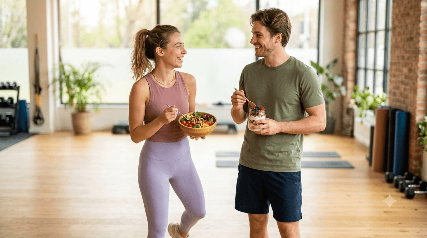 Pareja joven con ropa deportiva comiendo bowls saludables tras entrenar
