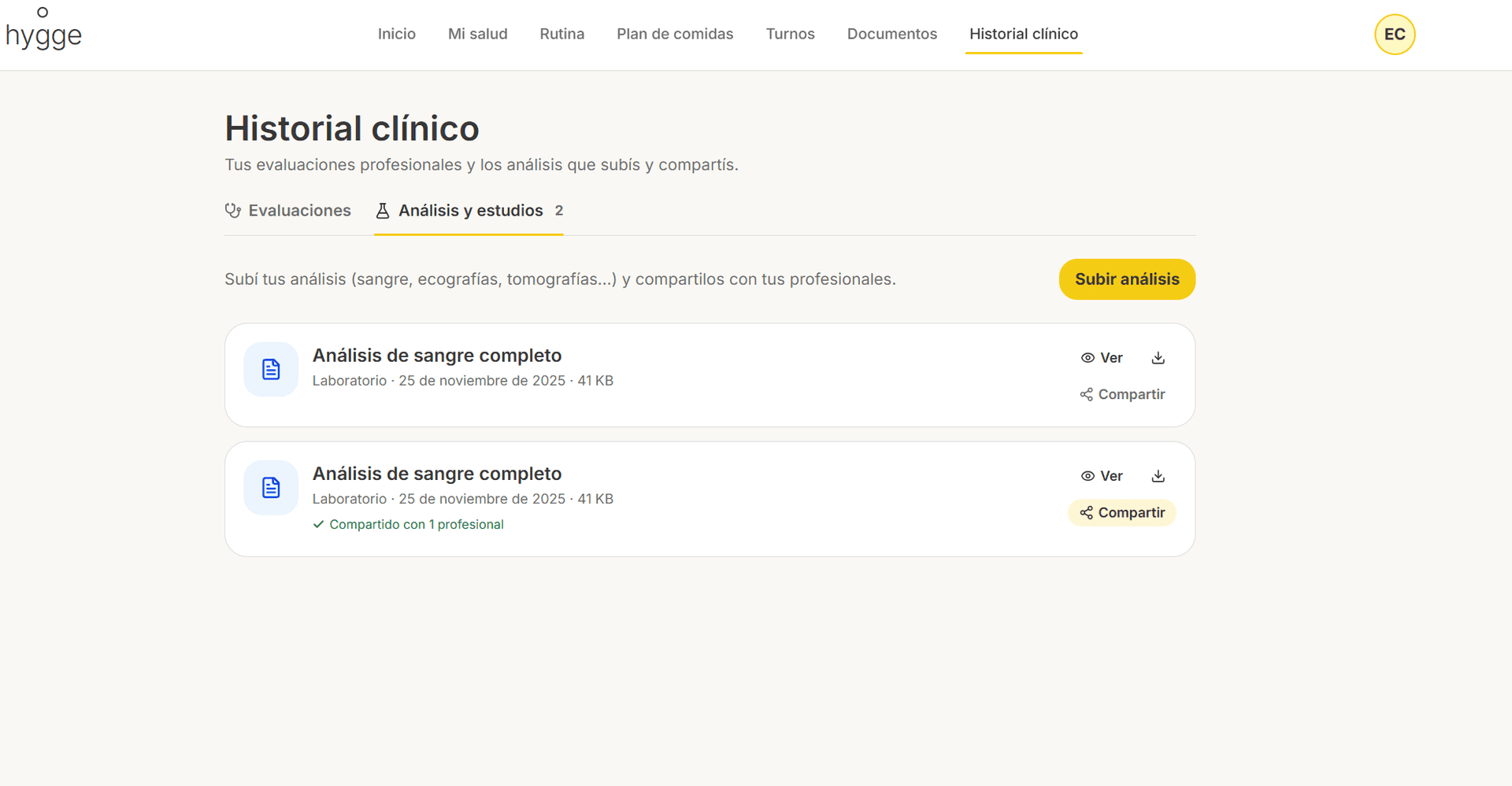 Vista de salud del paciente