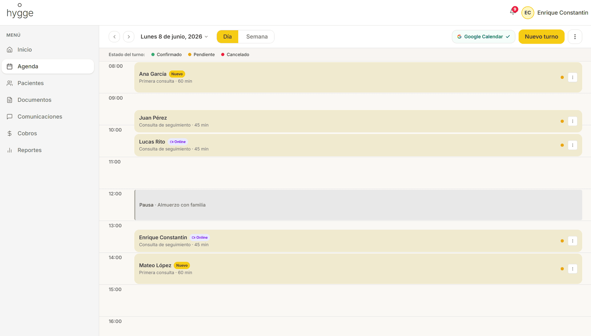 Pantalla de agenda del profesional con sincronización a Google Calendar
