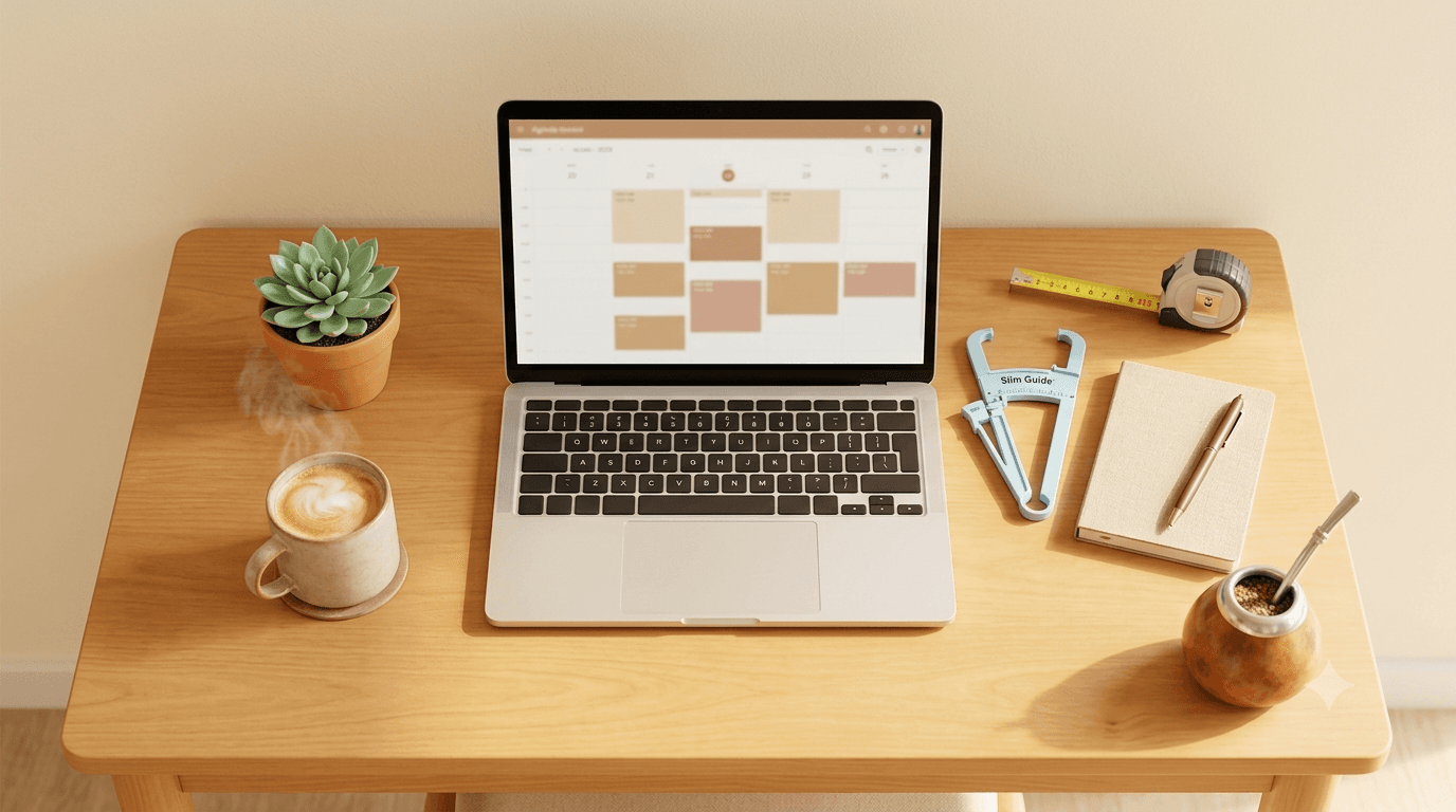 Vista cenital de un escritorio minimalista con notebook, calibre antropométrico, cinta métrica, cuaderno y taza de café: el setup mínimo viable para empezar a atender