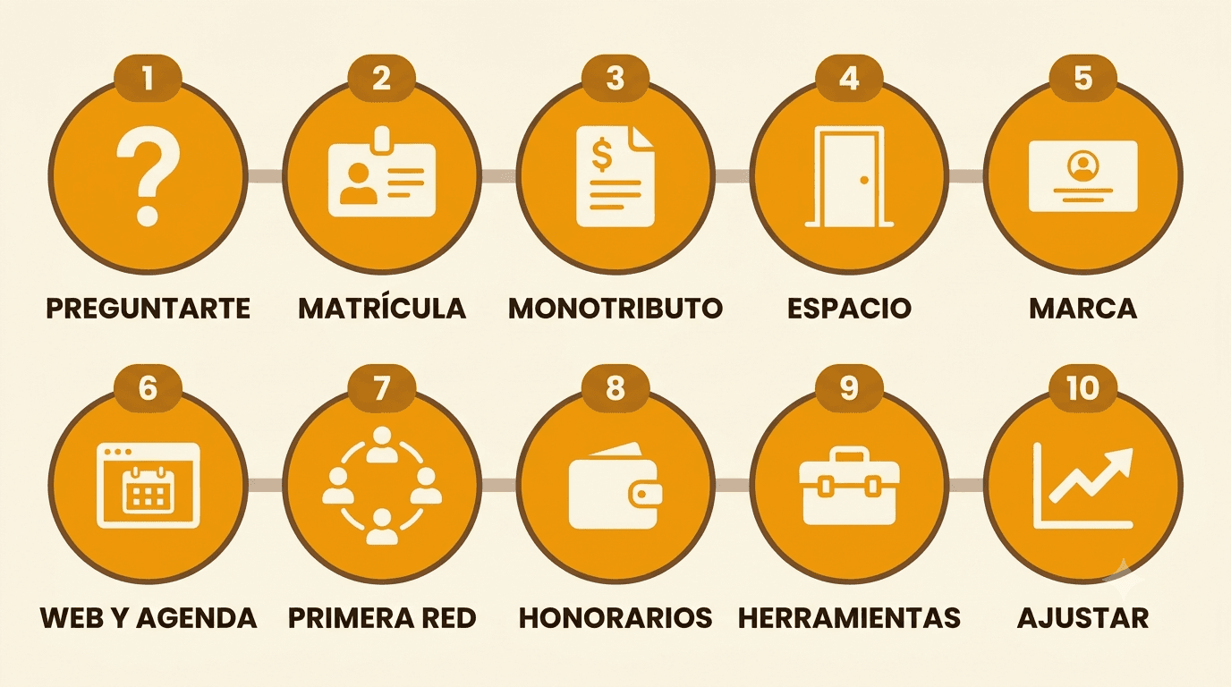 Diagrama de los 10 pasos para abrir un consultorio de nutrición desde cero: preguntarte, matrícula, monotributo, espacio, marca, web y agenda, primera red, honorarios, herramientas, ajustar