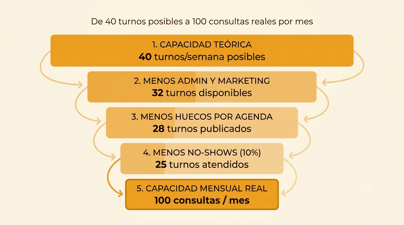 Funnel descendente de capacidad: 40 turnos teóricos por semana se reducen a 100 consultas reales por mes después de descontar admin, marketing, huecos de agenda y no-shows