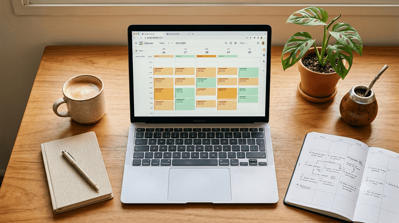 Notebook abierta sobre escritorio mostrando una agenda semanal de una nutricionista con bloques de turnos distribuidos lunes a viernes, taza de café y planta al costado