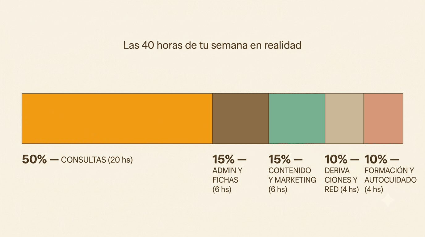 Diagrama mostrando cómo se reparten las 40 horas semanales de una nutricionista: 50% consultas, 15% admin, 15% marketing, 10% derivaciones, 10% formación