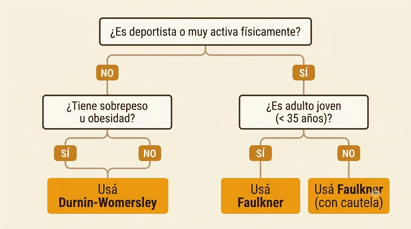 Árbol de decisión para elegir entre Durnin-Womersley y Faulkner según si el paciente es deportista o sedentario, joven o no