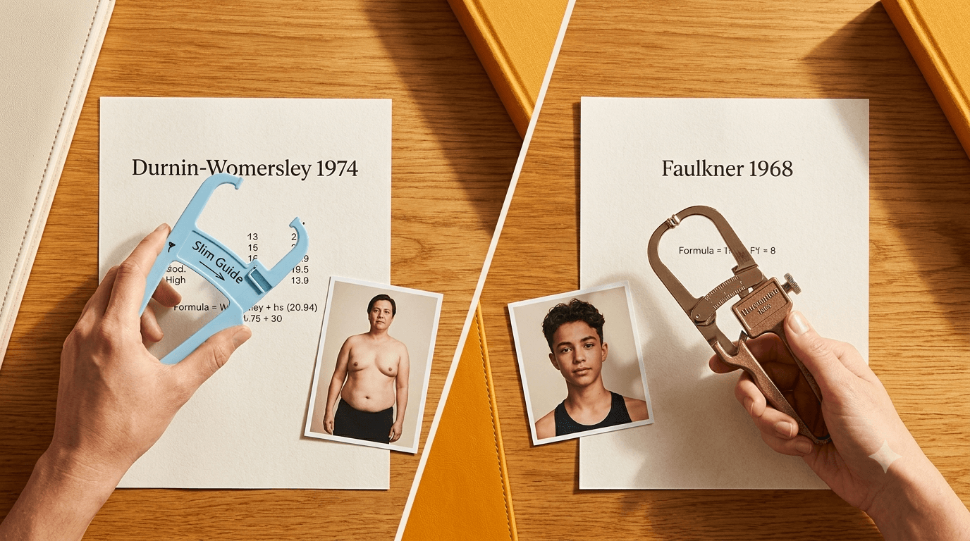 Comparación visual entre dos fórmulas de % grasa corporal: a la izquierda Durnin-Womersley 1974 con un calibre Slim Guide y retrato de adulto promedio, a la derecha Faulkner 1968 con un calibre Harpenden y retrato de persona atlética
