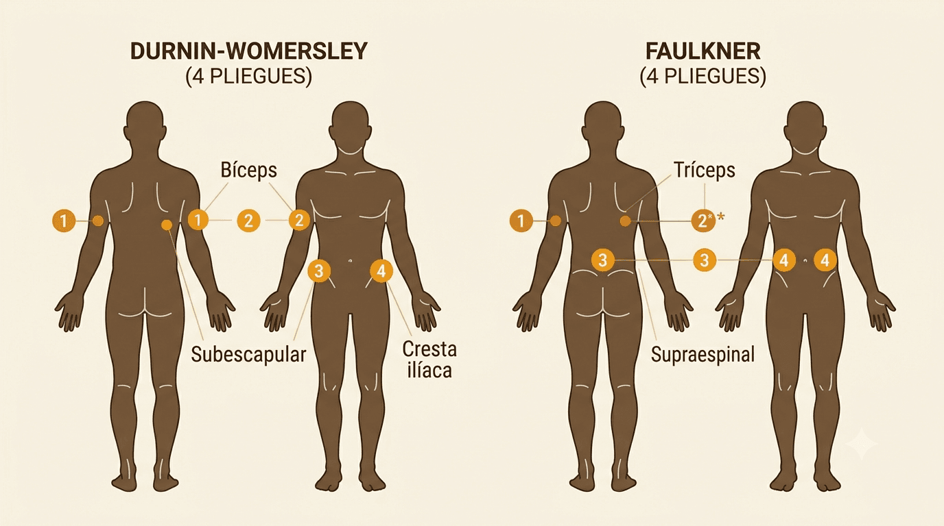 Diagrama anatómico comparativo de los 4 pliegues que mide Durnin-Womersley (tríceps, bíceps, subescapular, cresta ilíaca) vs los 4 que mide Faulkner (tríceps, subescapular, supraespinal, abdominal)