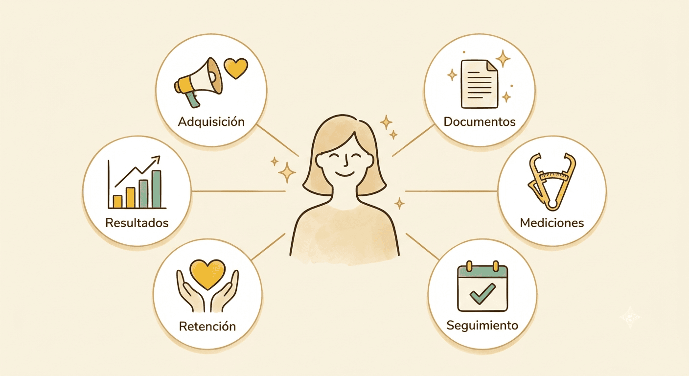 Infografía editorial con la silueta de una nutricionista al centro y 6 tarjetas circulares alrededor representando las áreas de la práctica donde se puede apalancar la IA: adquisición, documentos, mediciones, seguimiento, retención y resultados clínicos