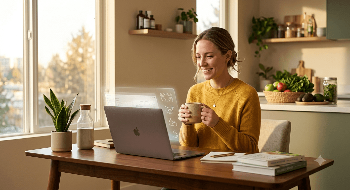 Nutricionista en su consultorio mirando una notebook con visualizaciones de datos y plan alimentario flotando suavemente sobre la pantalla, luz natural cálida, mate en la mano, plantas en el escritorio