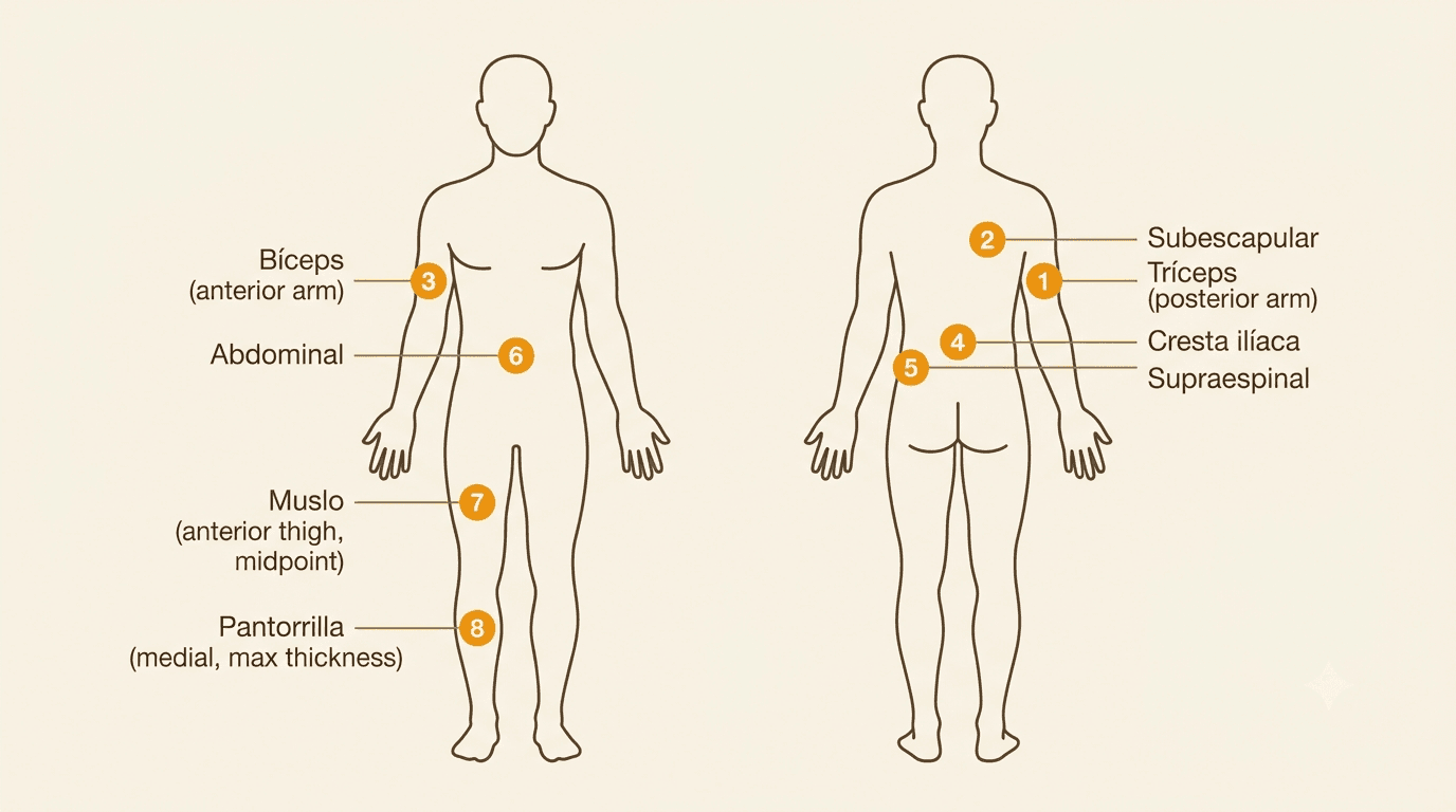 Diagrama anatómico de los 8 pliegues cutáneos del protocolo ISAK: tríceps, subescapular, bíceps, cresta ilíaca, supraespinal, abdominal, muslo anterior y pantorrilla medial