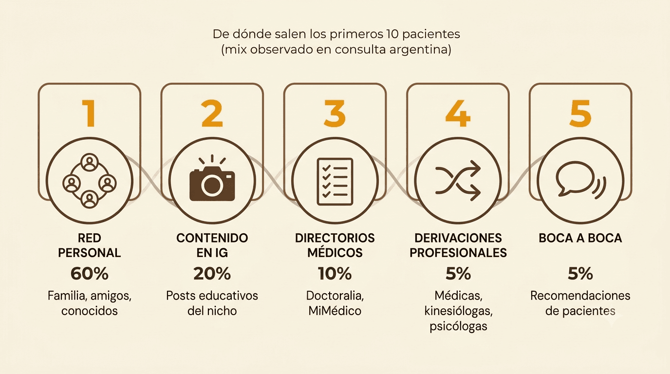 Diagrama de las 5 fuentes que más rinden para conseguir los primeros pacientes: red personal 60%, contenido en IG 20%, directorios médicos 10%, derivaciones profesionales 5%, boca a boca 5%